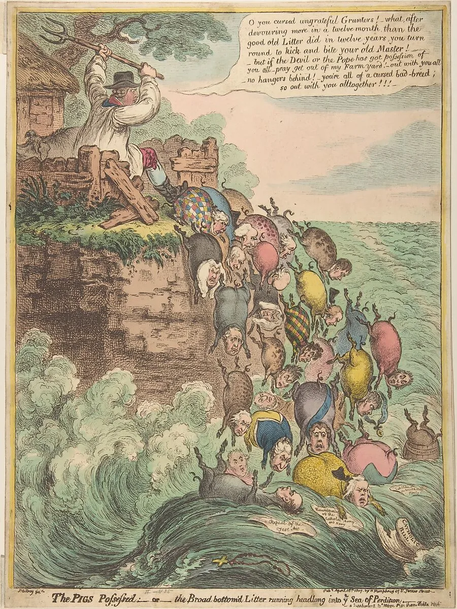 The Pigs Possessed:–or–the Broad Bottom'd Litter Running Headlong into Ye Sea of Perdition — James Gillray|Hannah Humphrey