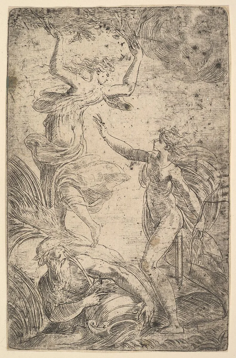 Apollo at right holding a bow chasing Daphne at the left — Andrea Schiavone (Andrea Meldola)