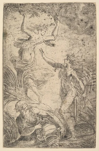 Apollo at right holding a bow chasing Daphne at the left