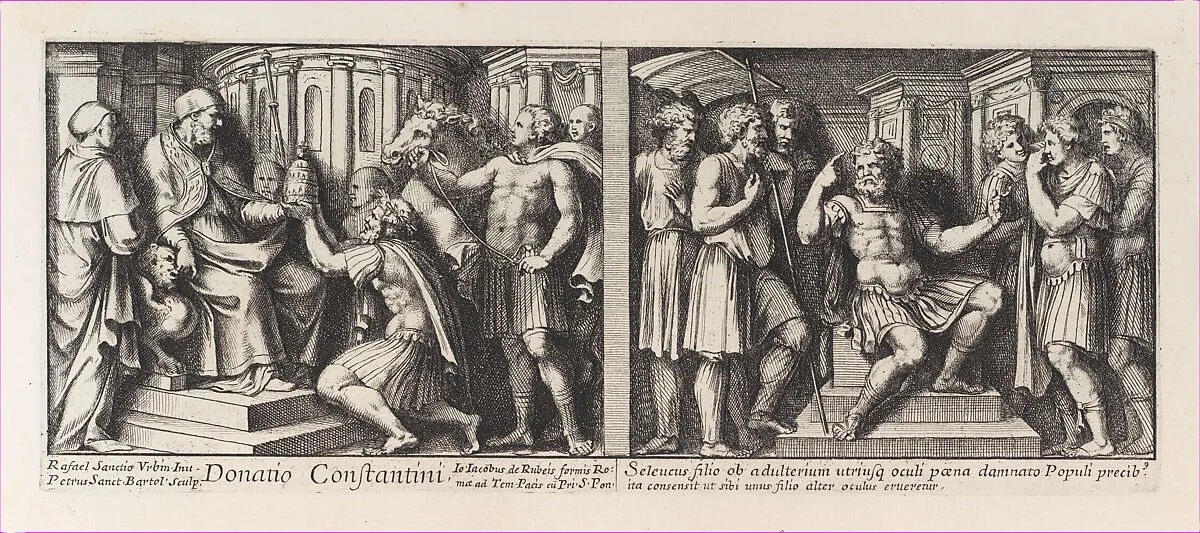 Two Biblical Scenes: Constantine donating the City of Rome to Pope Sylvester at left, after Raphael's Stanza di Eliodoro and The Judgement of Seleucids at right, after Raphael's Stanza della Segnatura, from a series of 15 plates depicting Raphael's works for the Vatican stanze and the Sistine Chapel tapestries — Pietro Santi Bartoli|Raphael (Raffaello Sanzio or Santi)|Giovanni Giacomo De Rossi
