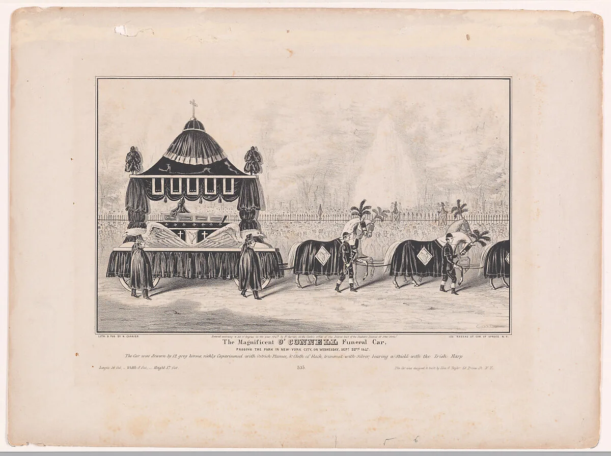 The Magnificent O'Connell Funeral Car, Passing the Park in New York City, on Wednesday, Sept. 22nd, 1847 — Nathaniel Currier|Abraham Lincoln
