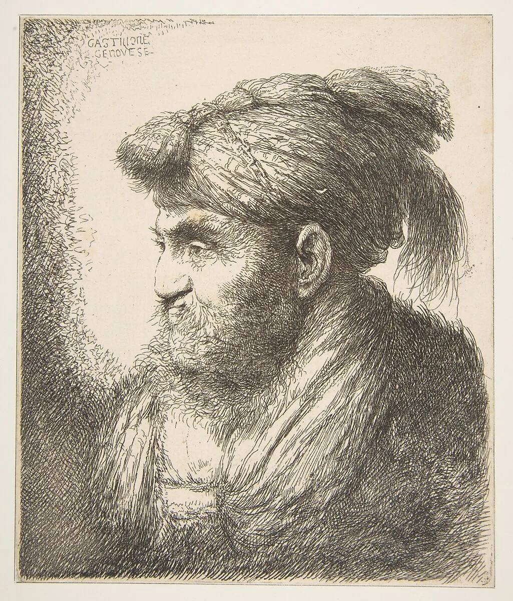 Man wearing a turban facing left, from "Large Oriental Heads" — Giovanni Benedetto Castiglione (Il Grechetto)