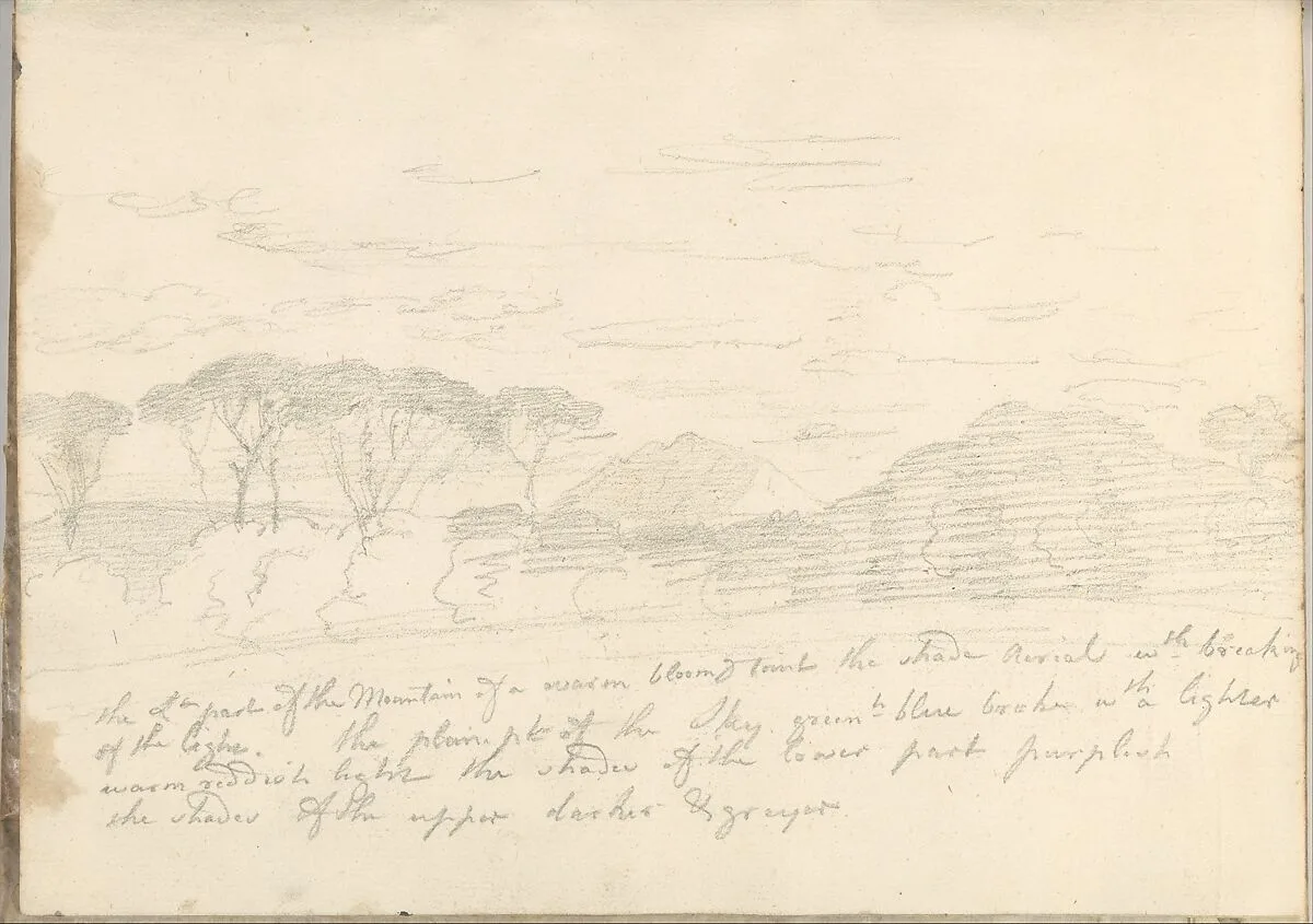 Landscape with Umbrella Pines and Distant Mountain (Smaller Italian Sketchbook, leaf 41 recto) — Joseph Wright (Wright of Derby)
