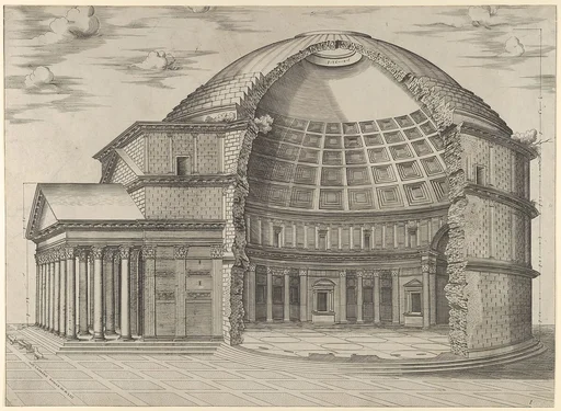 Reconstruction of the Pantheon in Rome, seen from the side, cut away to reveal the interior