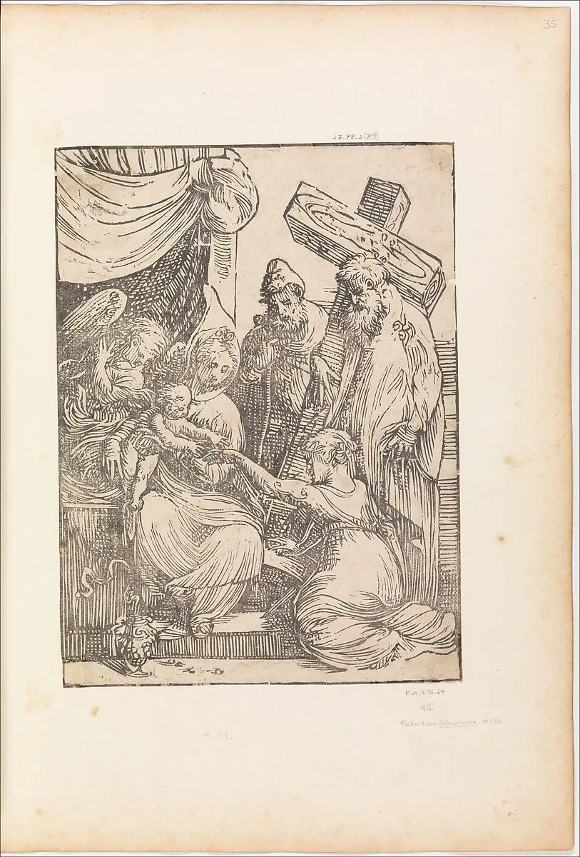 The Mystic Marriage of St. Catherine, with St. Joseph, an Angel, and a Cross-bearing Saint — Andrea Schiavone (Andrea Meldola)