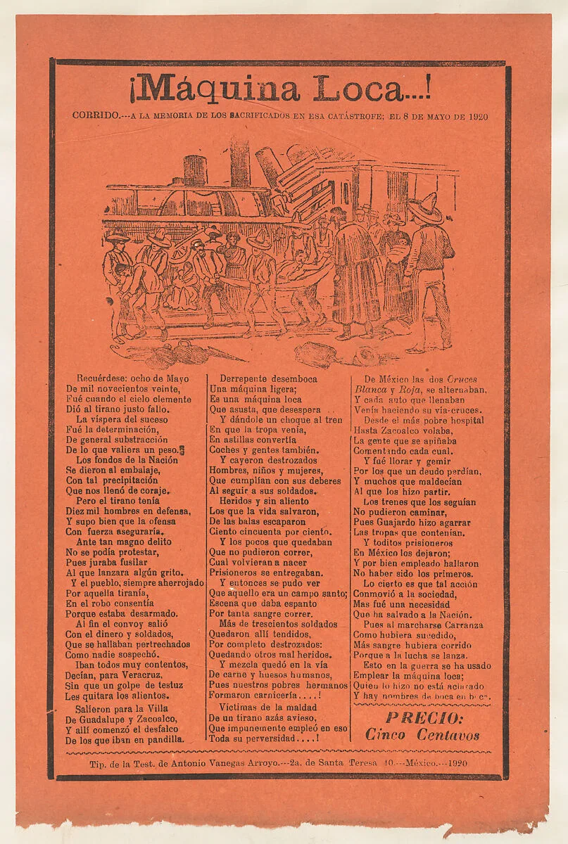 Broadsheet relating to a train accident that killed many people, wounded victims being carried on stretchers — José Guadalupe Posada|Antonio Vanegas Arroyo