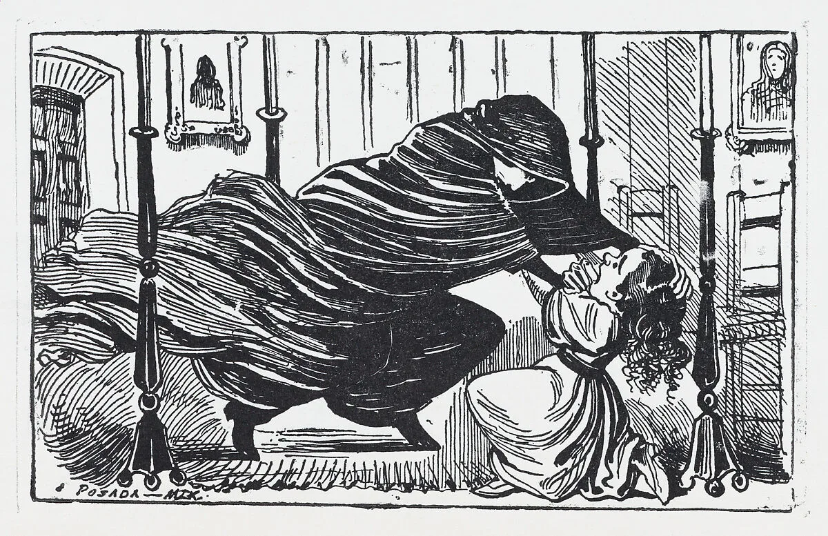 A figure in a cloak strangling a young girl — José Sanchez|José Guadalupe Posada