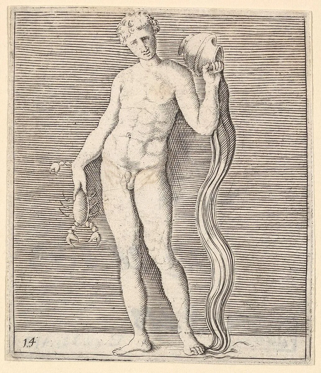 Man with Crayfish and Urn of Water, from "Ex Antiquis Cameorum et Gemmae Delineata/ Liber Secundus/et ab Enea Vico Parmen Incis" — Francesco Angeloni|Battista Franco|Philippe Thomassin|Enea Vico|Anonymous, Italian, 16th century