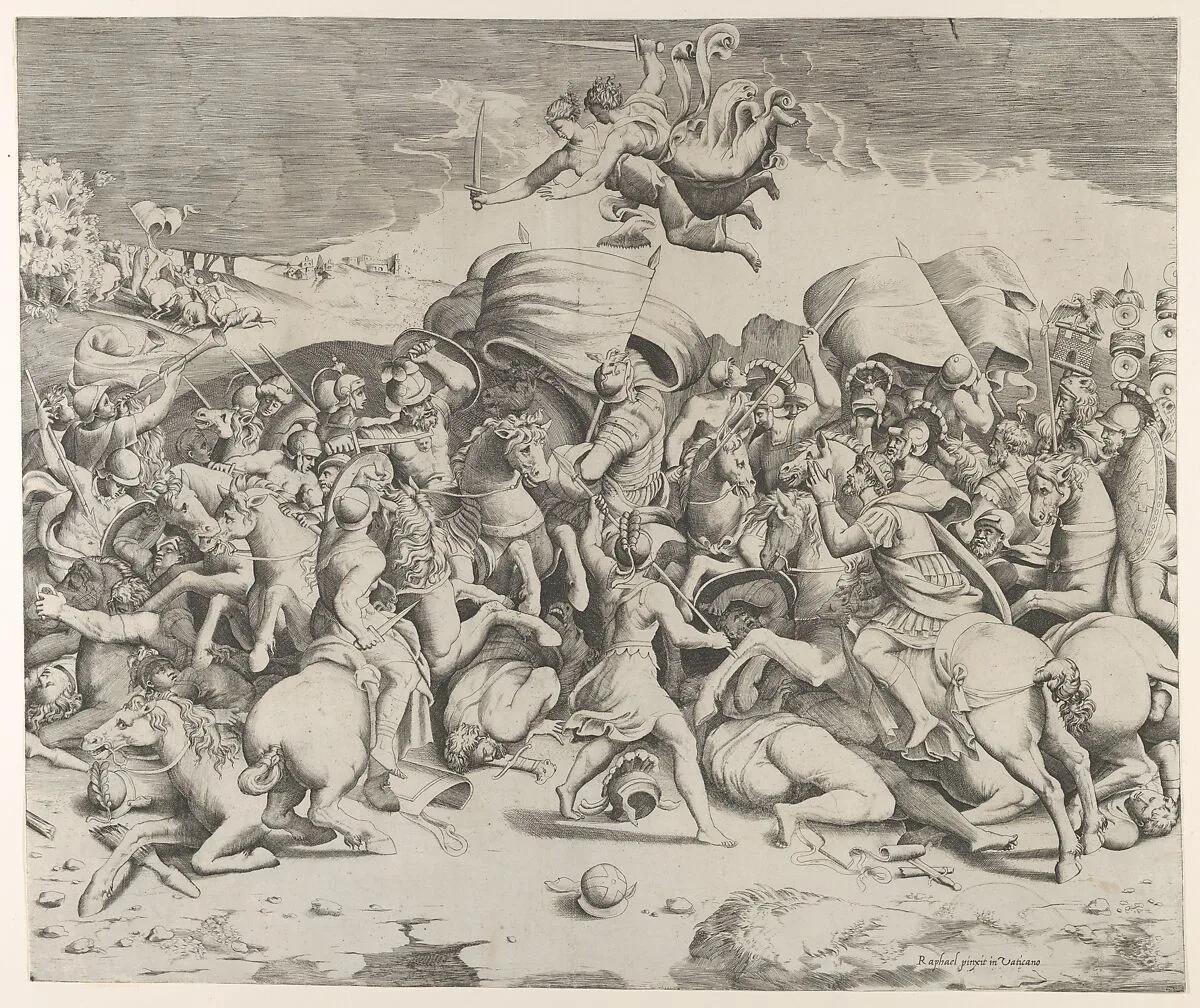 Constantine defeating the tyrant Maxentius, angels carrying swords fly above — Giulio Bonasone|Giulio Romano|Raphael (Raffaello Sanzio or Santi)