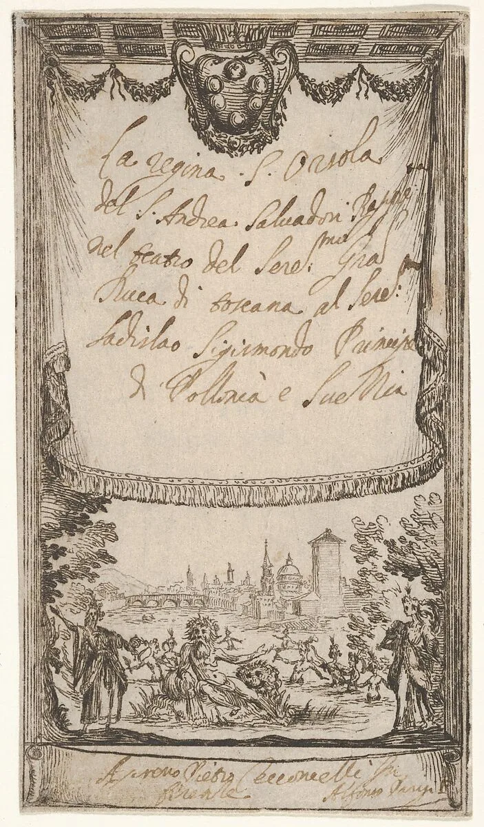 Frontispiece, 'Queenly St. Ursula' (La Regina Sant'Orsola), from a series of prints for the performance of the St. Ursula tragedy, presented in Florence at the beginning of the 17th century — Alfonso Parigi