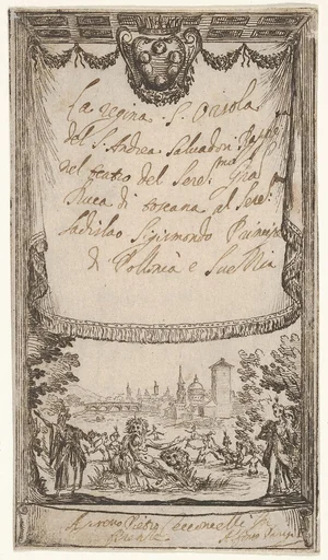 Frontispiece, 'Queenly St. Ursula' (La Regina Sant'Orsola), from a series of prints for the performance of the St. Ursula tragedy, presented in Florence at the beginning of the 17th century