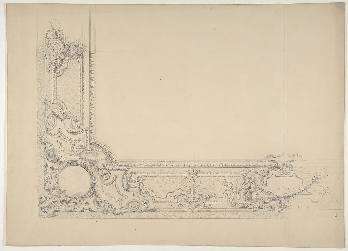 Partial design for a ceiling with an ornate border — Jules-Edmond-Charles Lachaise|Eugène-Pierre Gourdet