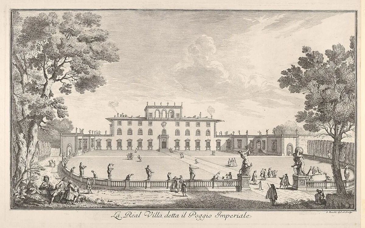 The Royal Villa called il Poggio Imperiale (La Real Villa detta il Poggio Imperiale), view of the facade and balustrade with statuary, from 'Views of the city and other places of Tuscany' (Vedute delle ville e d'altri luoghi della Toscana) — Giuseppe Zocchi