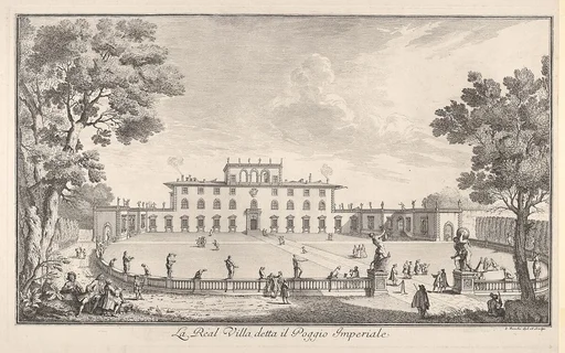 The Royal Villa called il Poggio Imperiale (La Real Villa detta il Poggio Imperiale), view of the facade and balustrade with statuary, from 'Views of the city and other places of Tuscany' (Vedute delle ville e d'altri luoghi della Toscana)