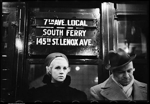 [Three 35mm Film Frames: Subway Passengers, New York City: Woman and Man Beneath "7th Ave Local" Sign, Woman in Overcoat]