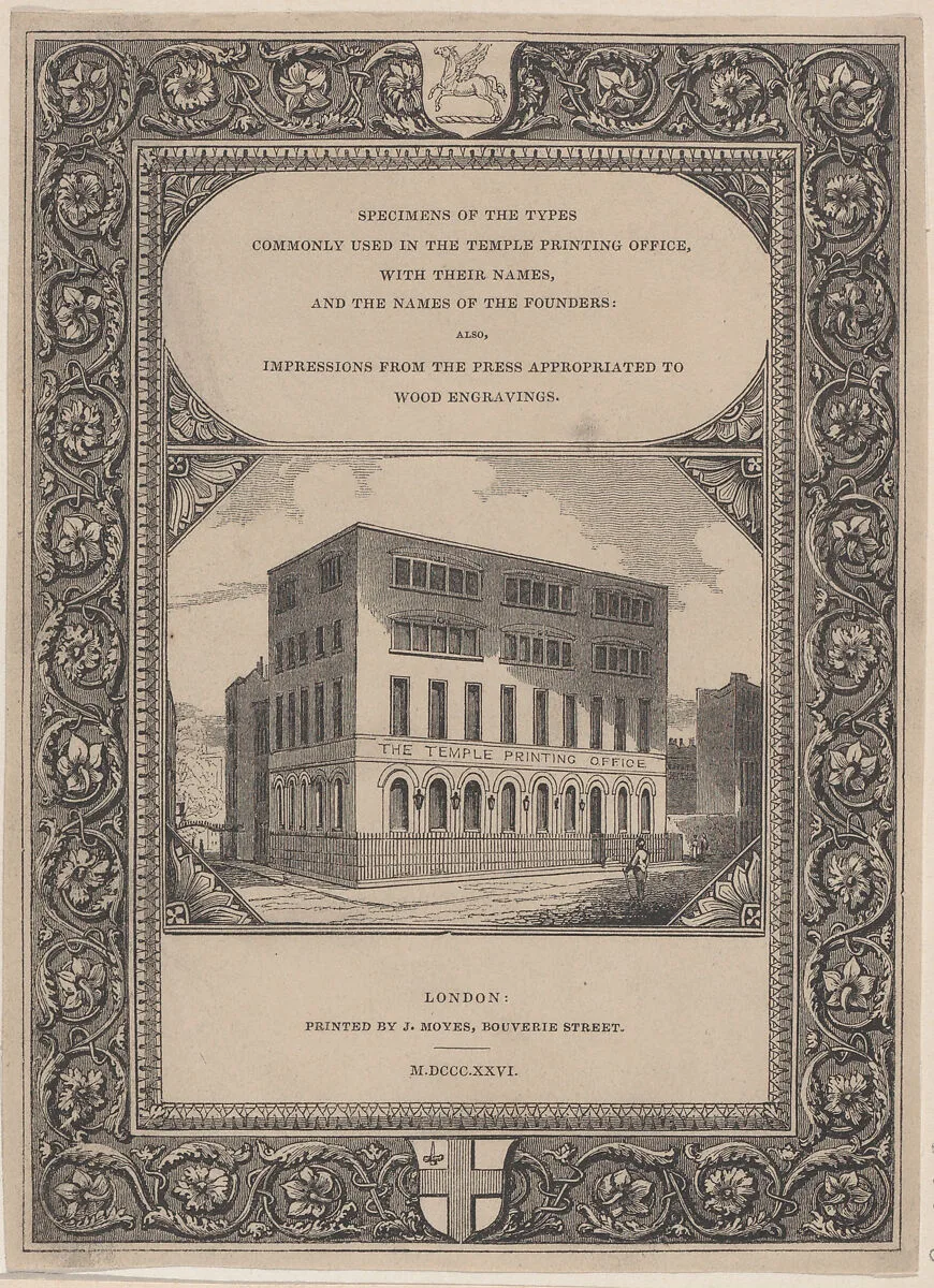 Trade Card for the Temple Printing Office, Printers and Wood Engravers — J. Moyes