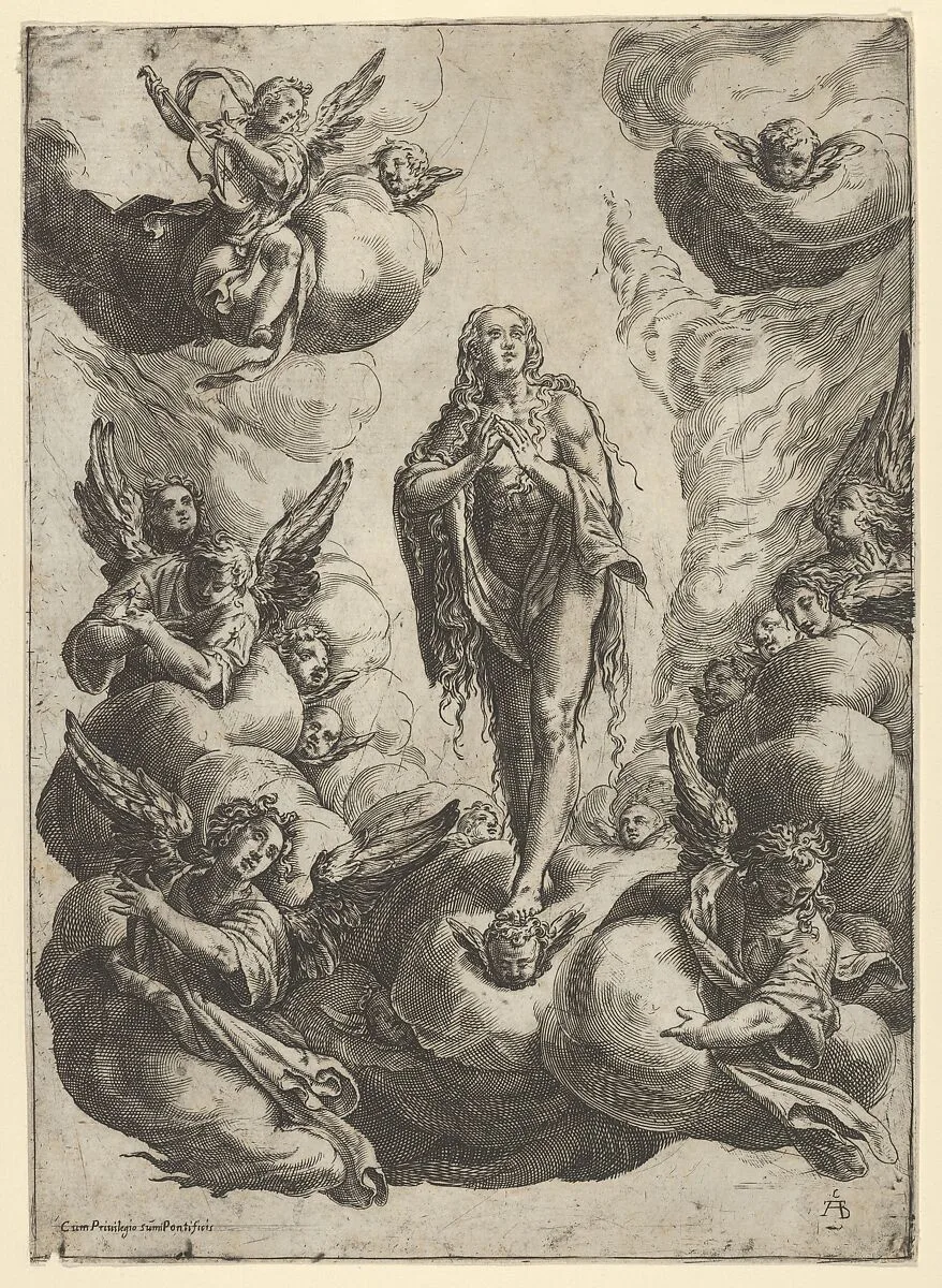 Mary Magdalen standing on clouds, being transported to heaven by angels — Cherubino Alberti (Zaccaria Mattia)