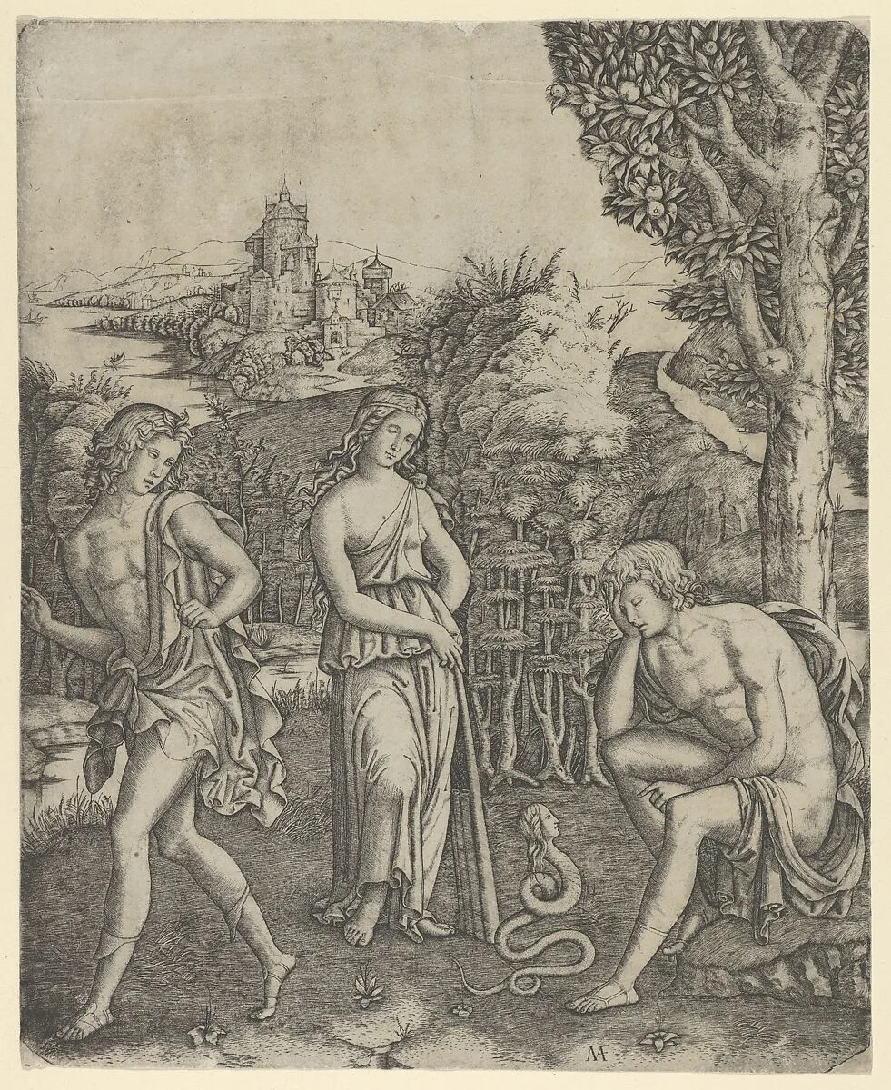 A young man sitting at right resting his head in his hand, a snake with a womans head before him, a young woman holding a pan pipes standing in the centre and a young man leaving at left — Marcantonio Raimondi