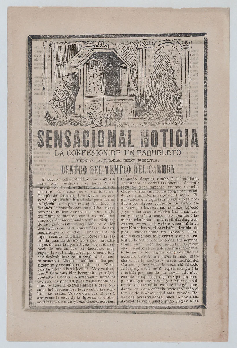 News story about the sighting of a skeleton inside a holy temple, a man lying on the floor while a skeleton returns to a chamber and a cloaked figure exits to the right — José Guadalupe Posada|Antonio Vanegas Arroyo