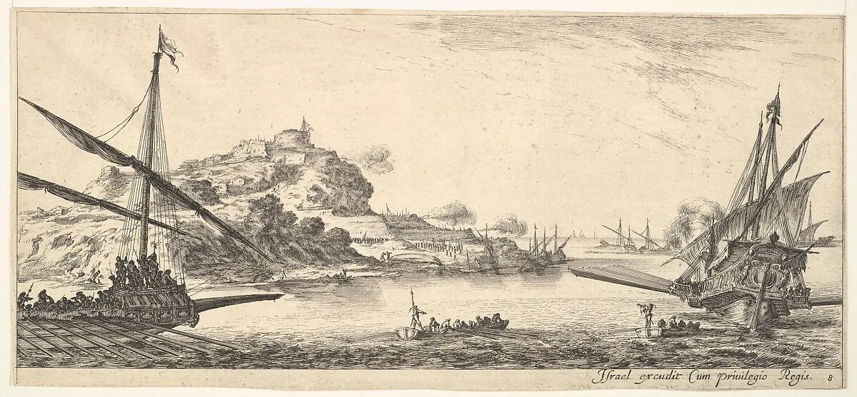 Plate 8: A the bow of a galley at left and another galley at right, seen from behind, two rowboats in center, a hill with a fortress in the background, from 'Various landscapes' (Divers paysages) — Stefano della Bella|Israël Henriet