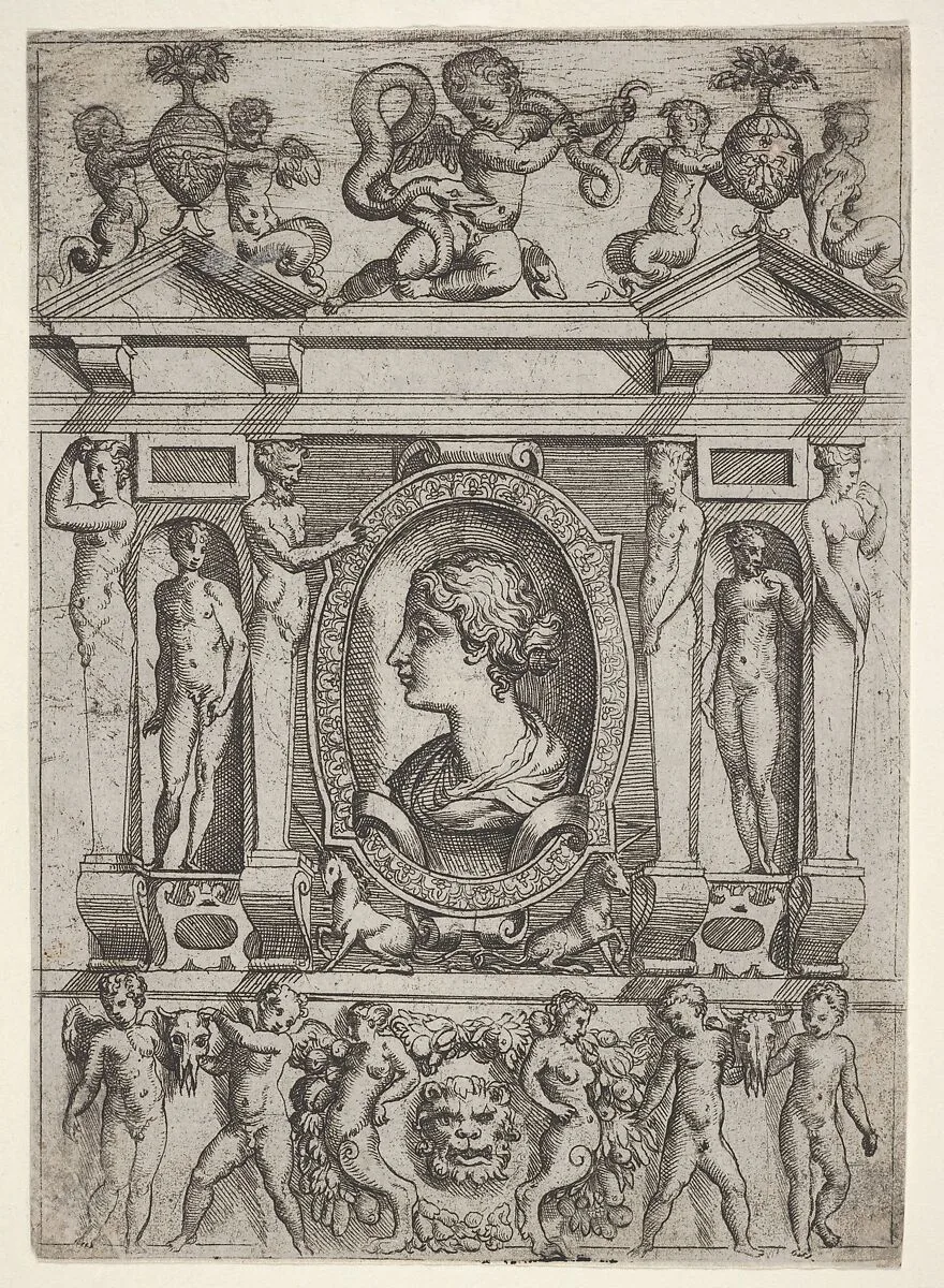 Bust of a woman in profile facing left, set in an elaborate frame with figures in niches at left and right — Andrea Schiavone (Andrea Meldola)|Jacques Androuet Du Cerceau|Battista Angolo del Moro