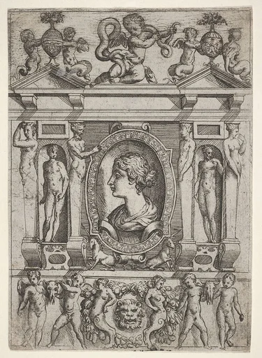 Bust of a woman in profile facing left, set in an elaborate frame with figures in niches at left and right