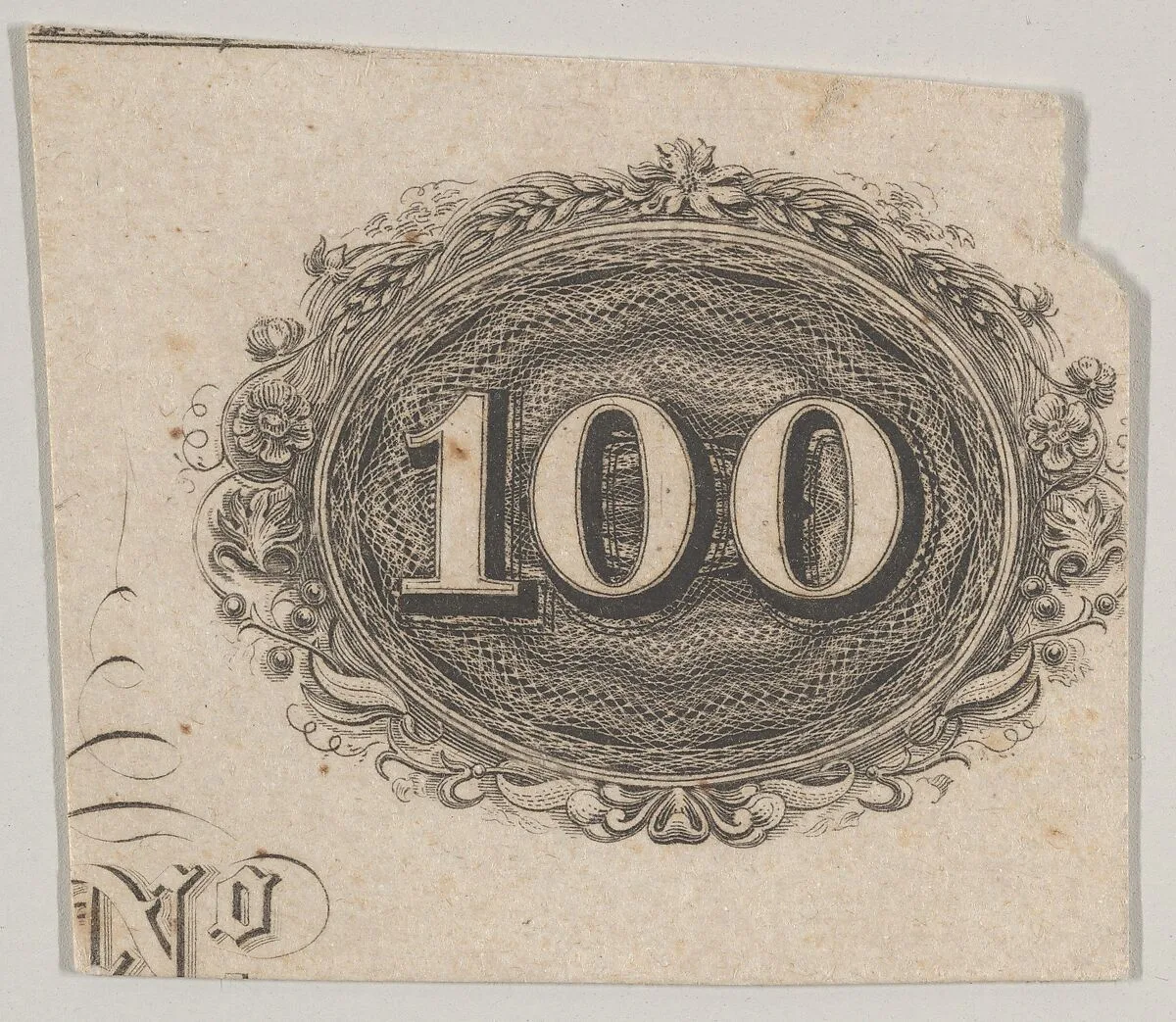 Banknote motif: the number 100 against an ornamental lathe work oval resembling woven rope with a border of grain, flowers and berries — A. B. & C. Durand & Company|Durand, Perkins, and Company|Cyrus Durand