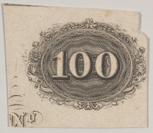 Banknote motif: the number 100 against an ornamental lathe work oval resembling woven rope with a border of grain, flowers and berries
