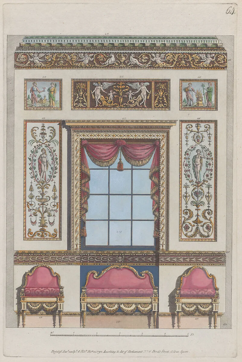Interior Ornamented Wall with Window and Furniture, nos. 411–424, plate 64 from "Designs for Various Ornaments" — Michelangelo Pergolesi