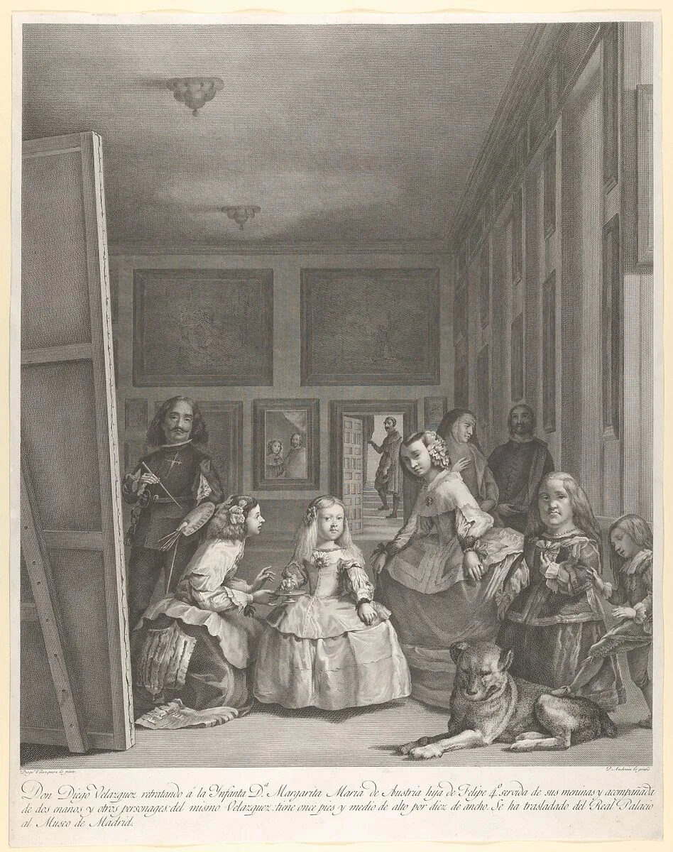 Las Meninas: the family of Philip IV in the foreground with the Infanta Margarita in the centre, Velázquez standing painting at left, the King and Queen reflected in the mirror in the background — Pierre Audouin|Velázquez (Diego Rodríguez de Silva y Velázquez)