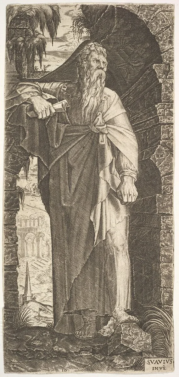 St. Paul standing under an overgrown arch, his left foot poised upon a rock, his right hand grasping a scroll, from "Christ and the Twelve Apostles" — Lambert Suavius