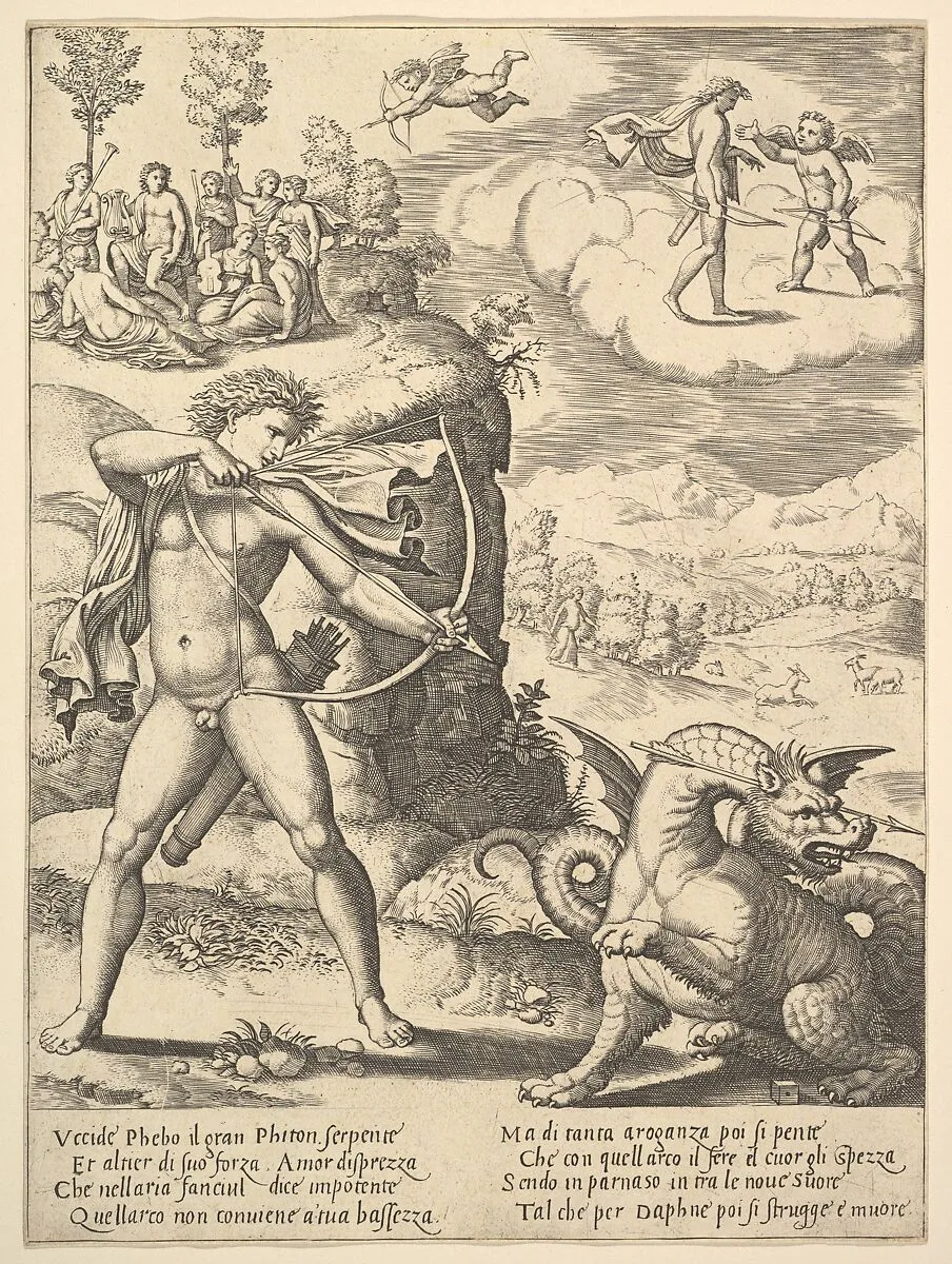 Apollo standing at left shooting a python with an arrow, above to the left are the muses and at right on a cloud Cupid approaching Apollo, from the 'Story of Apollo and Daphne' — Master of the Die|Baldassare Tommaso Peruzzi