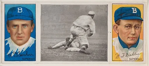 "Hartzell Covering Third," with W.D. Scanlan and William Dahlen, from the series Hassan Triple Folders (T202)