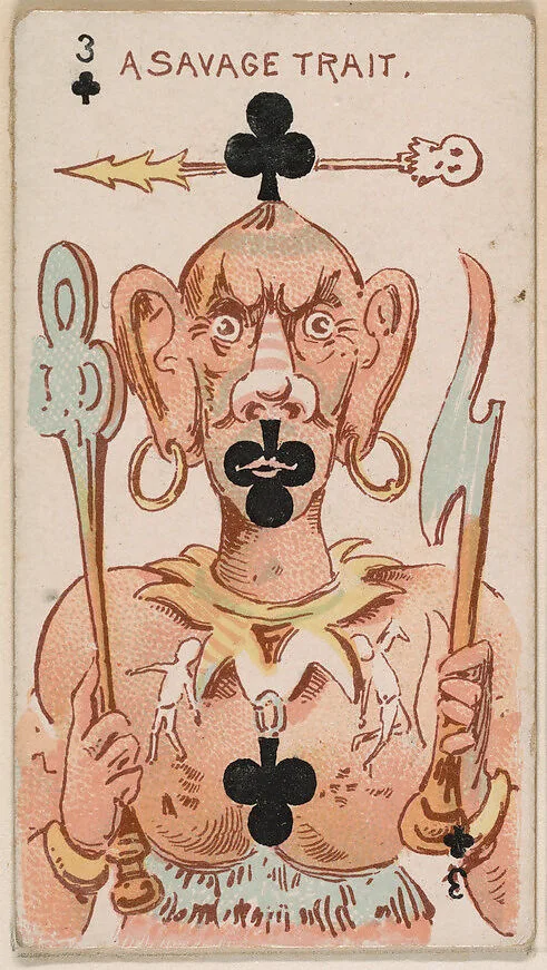 Three of Clubs, A Savage Trait, from Harlequin Cards, 2nd Series (N220) issued by Kinney Bros. — Kinney Brothers Tobacco Company