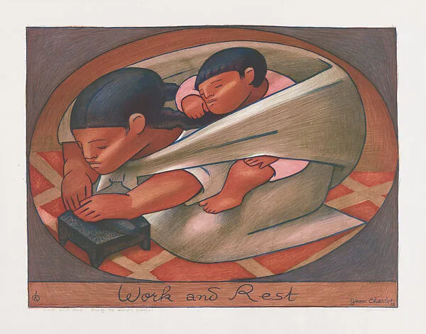 'Work and Rest' a Mexican woman carrying a child on her back while preparing tortilla — Jean Charlot|Kistler (Lynton R. and/or Will A.)