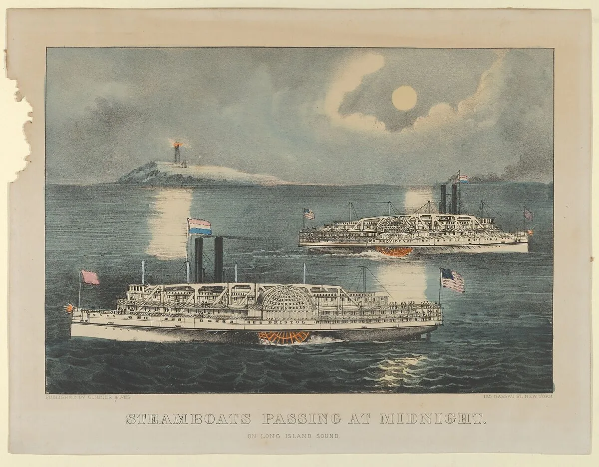 Steamboats Passing at Midnight – On Long Island Sound — Currier & Ives