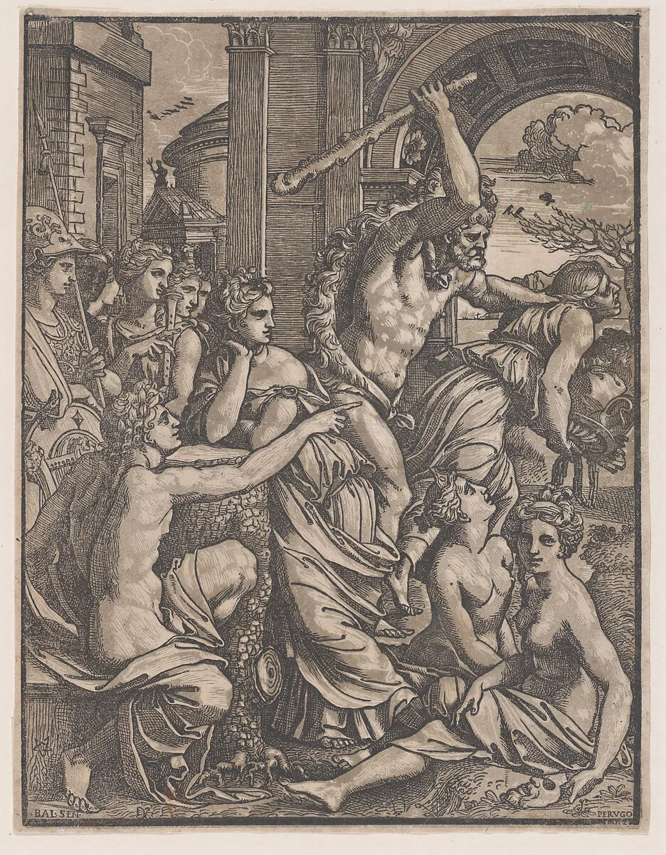 Hercules chasing Avarice from the Temple of the Muses — Baldassare Tommaso Peruzzi|Ugo da Carpi