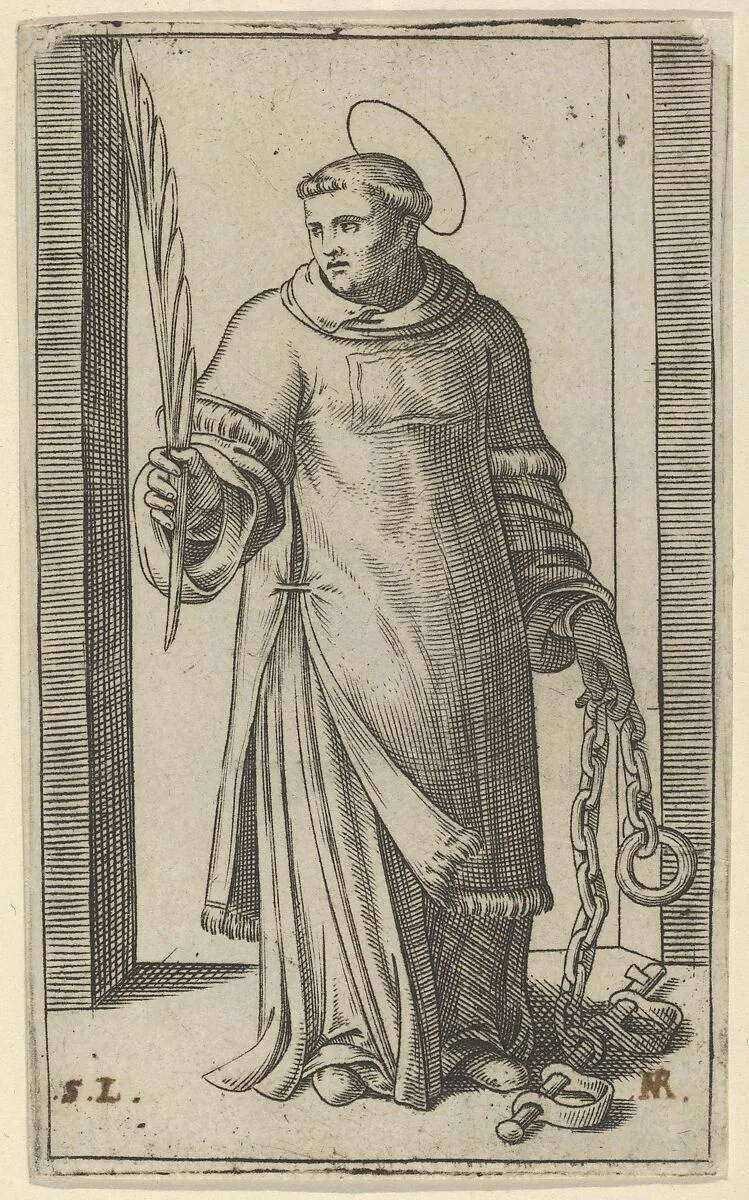 St Leonard standing holding a palm in his right hand and chains in his left, from "Piccoli Santi" (Small Saints) — Marcantonio Raimondi