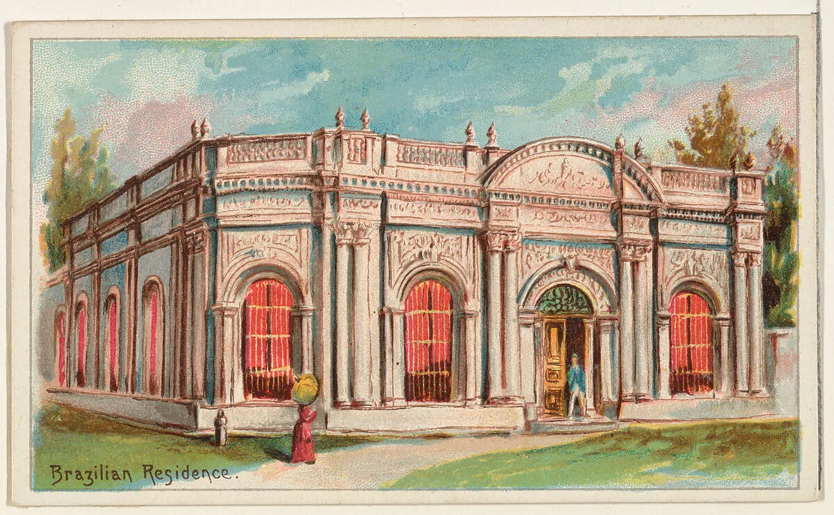 Brazilian Residence, from the Habitations of Man series (N113) issued by W. Duke, Sons & Co. to promote Honest Long Cut Smoking and Chewing Tobacco — The Giles Company|W. Duke, Sons & Co.|American Tobacco Company