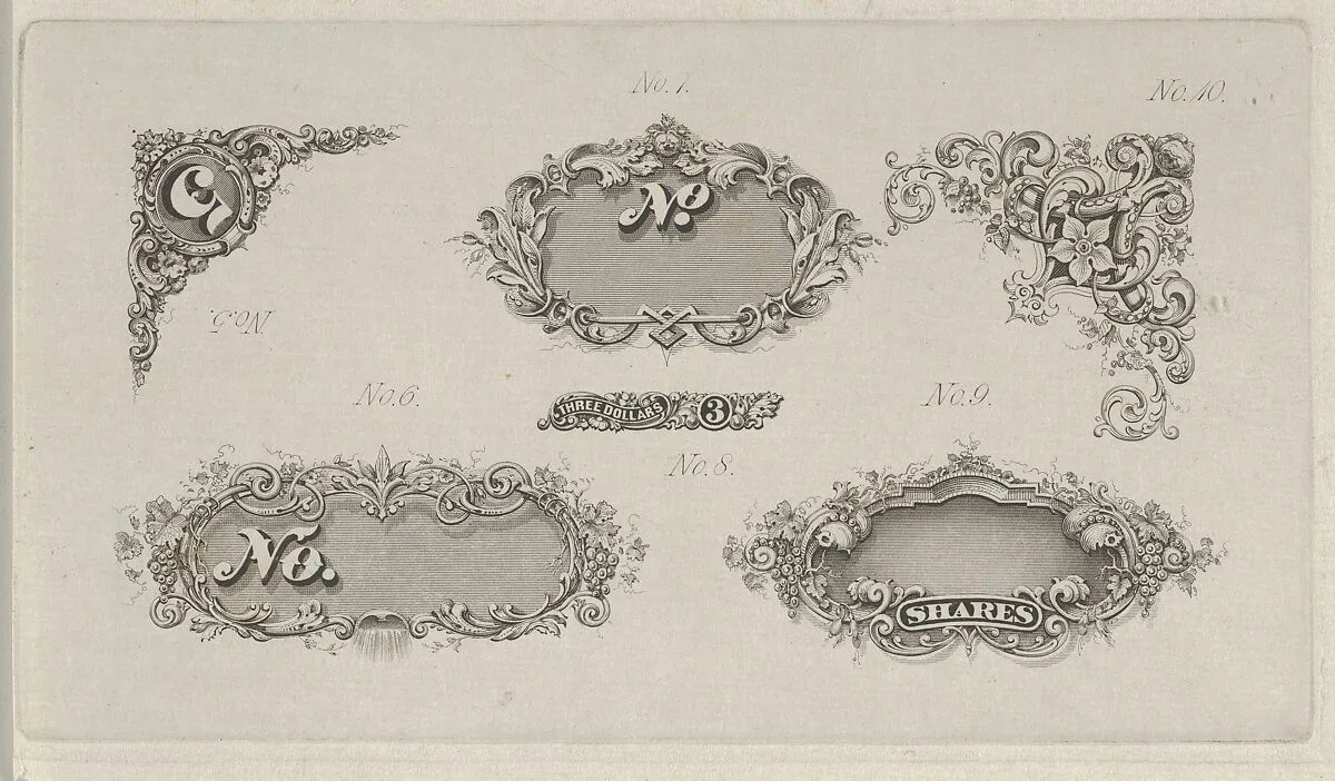 Banknote motifs: six small lathe work designs for corners, frames and numbers — A. B. & C. Durand & Company|Durand, Perkins, and Company|Cyrus Durand