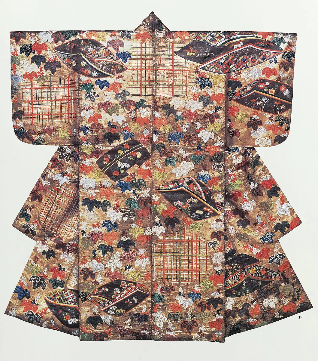 胴箔地蔦香包下地窓模様縫箔|Noh Costume (Nuihaku) with Ivy, Incense Wrappers, and Bamboo Blinds — Unknown