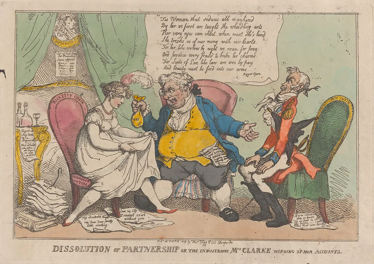 Dissolution of Partnership, or the Industrious Mrs. Clarke Winding Up Her Accounts — Mary Anne Clarke|Thomas Tegg|Thomas Rowlandson