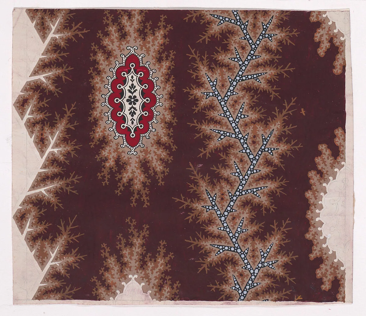 Textile Design with Alternating Vertical Strips of Stiff Branches and Rosettes with Flanks over Ornamental Frames — Anonymous, Alsatian, 19th century