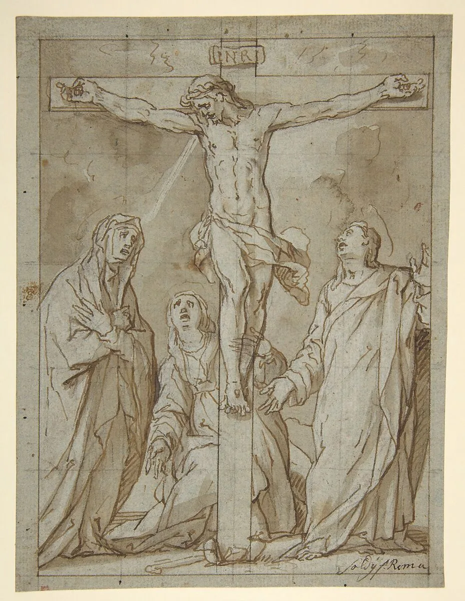 Christ Crucified, Attended by the Virgin, Saint Mary Magdalen, and Saint John the Evangelist — Lazzaro Tavarone