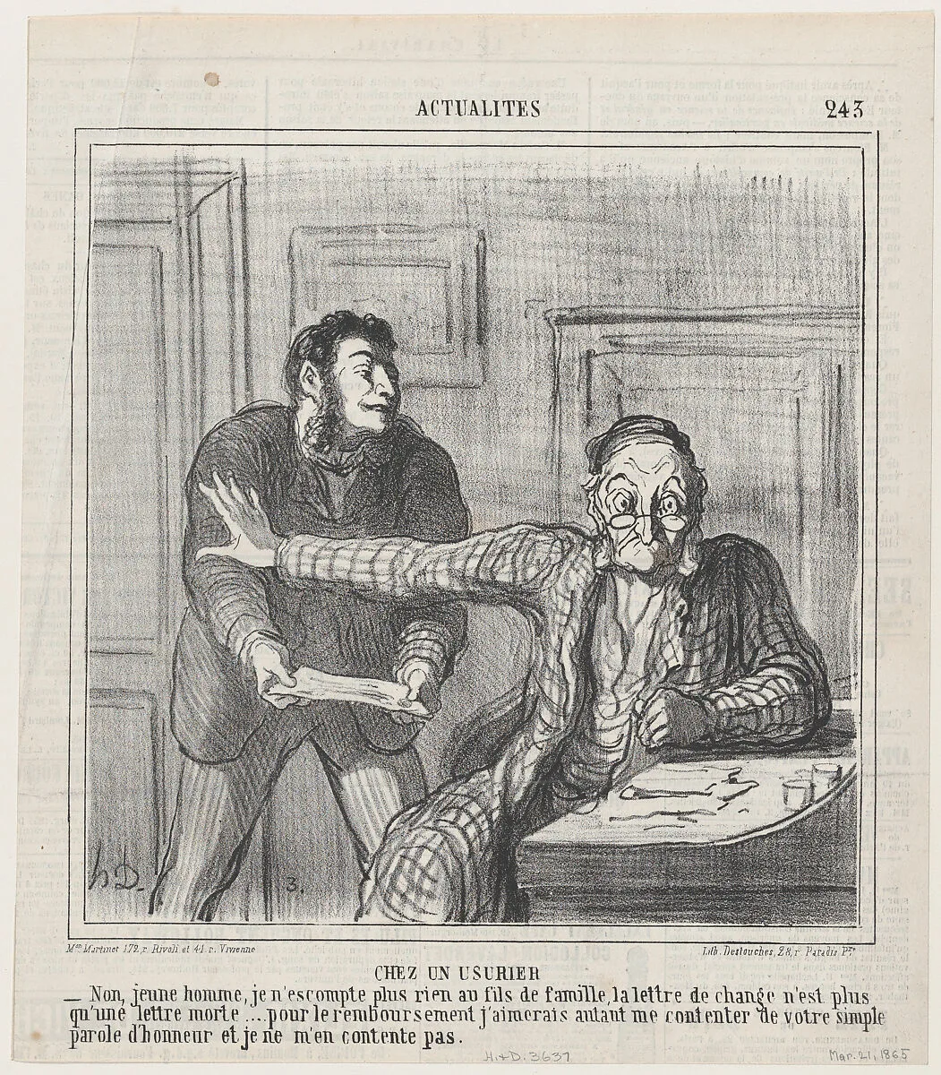 At a usurer's, from 'News of the day,' published in Le Charivari, March 21, 1865 — Destouches|Aaron Martinet|Honoré Daumier