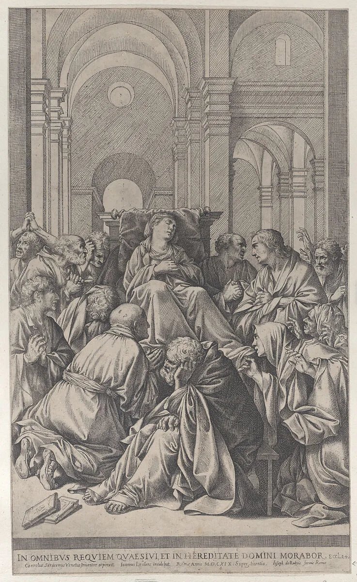 Death of the Virgin, lying on a chair at center, surrounded by Apostles, inside a temple — Carlo Saraceni|Giovanni Giacomo De Rossi|Jean Le Clerc