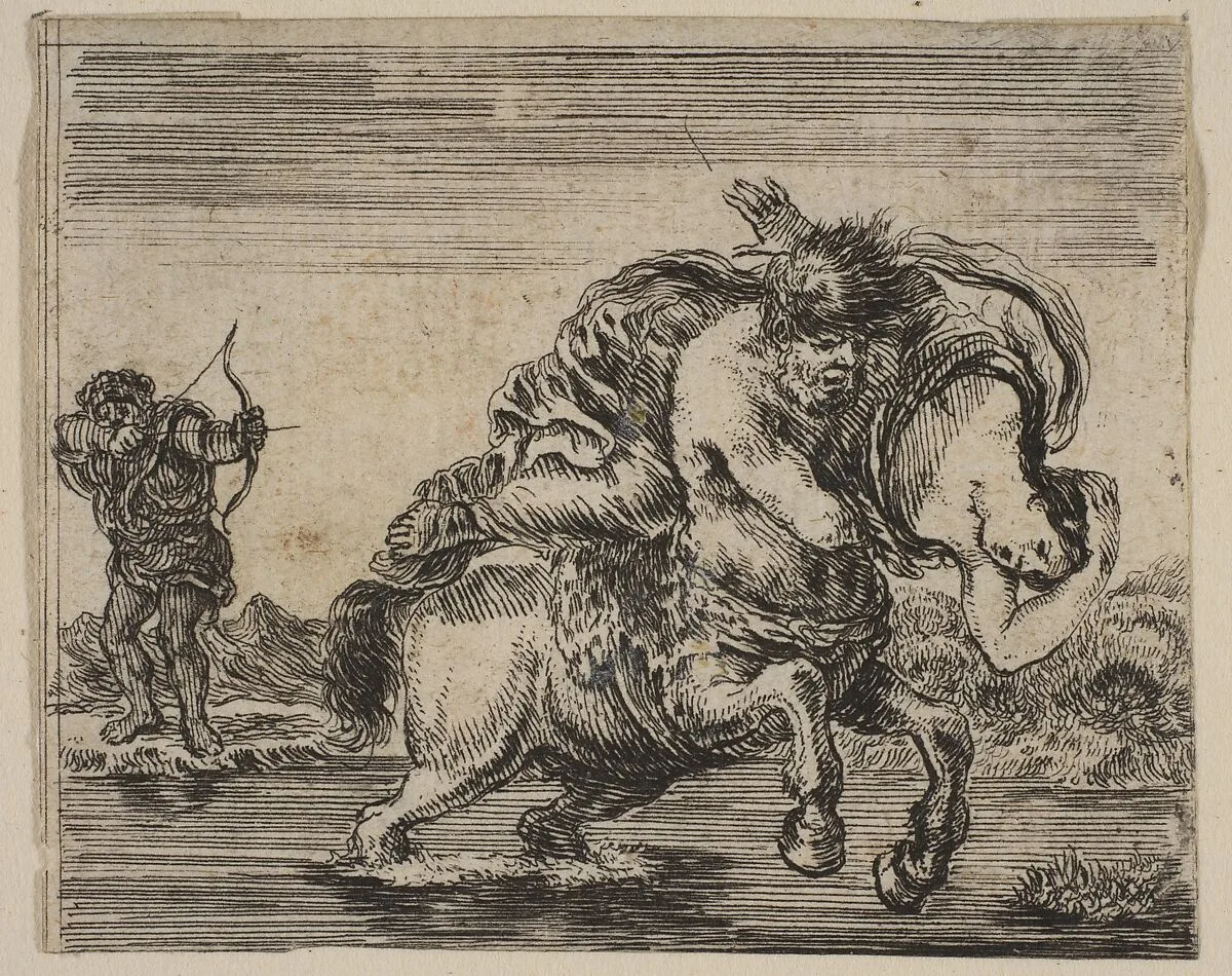 Hercules and Deianira, from 'Game of Mythology' (Jeu de la Mythologie) — Stefano della Bella|Jean Desmarets de Saint-Sorlin|Henri Le Gras|Louis XIV, King of France|Cardinal Jules Mazarin