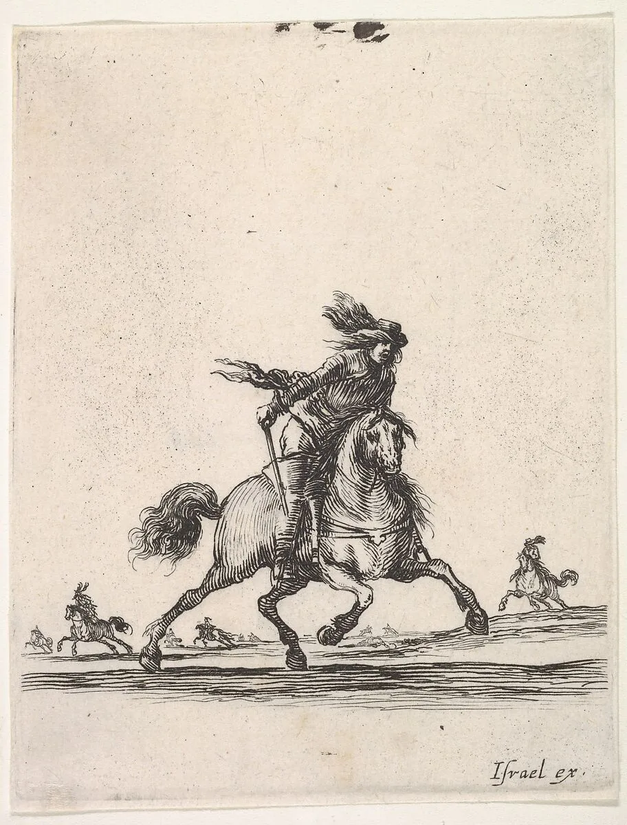 A horseman galloping towards right with sword in hand, other horsemen in the background, from 'Various cavalry exercises' (Diverses exercices de cavalerie) — Stefano della Bella|Israël Henriet