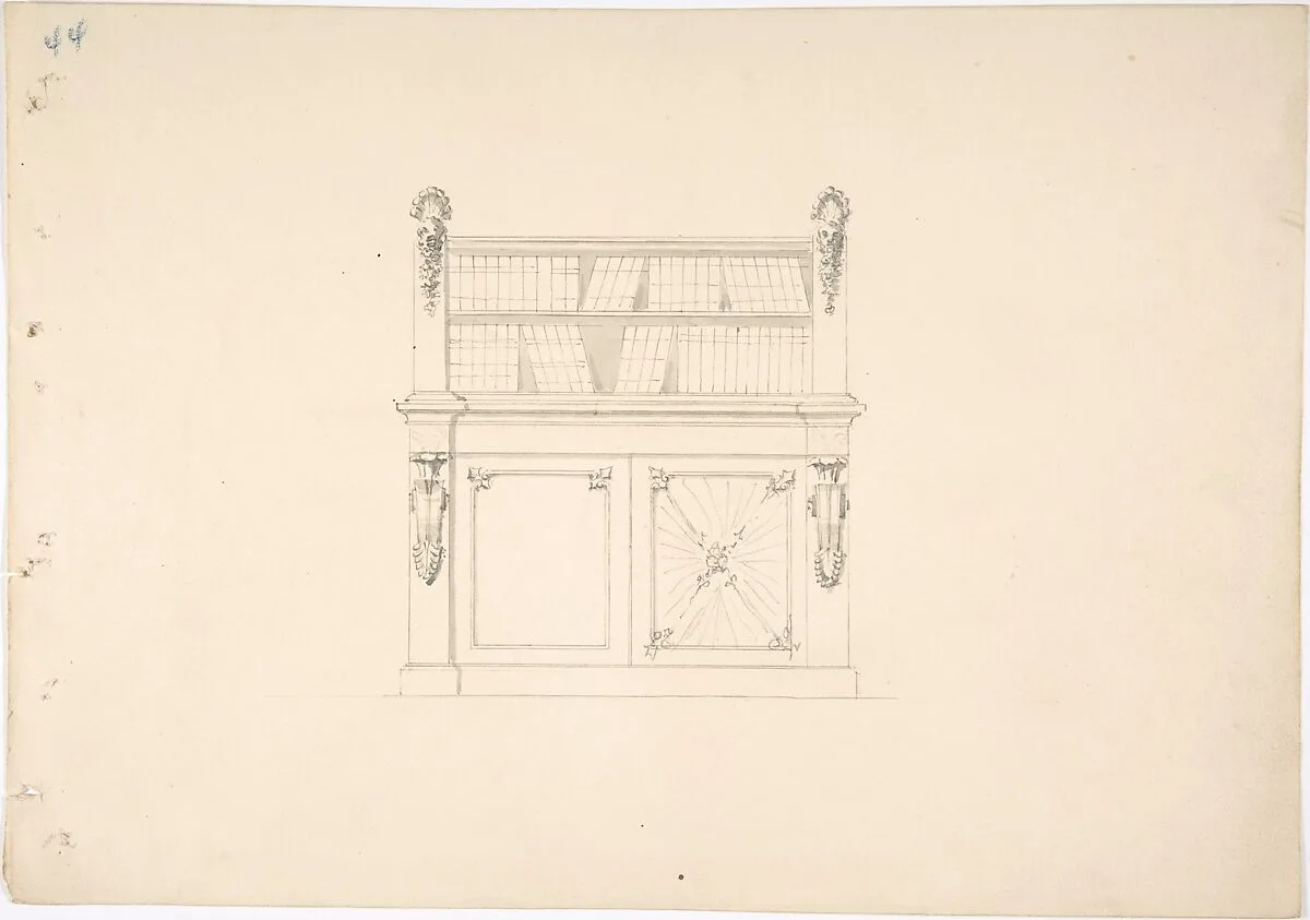 Design for a Cabinet with Classical Ornament and Bookshelves — Anonymous, British, 19th century