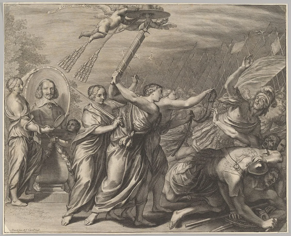 Cardinal (le Bret?) in oval with allegorigal figures and a battle scene — Grégoire Huret